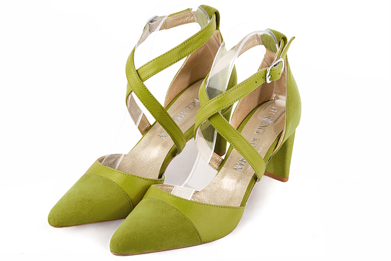 Pistachio green women's open side shoes, with crossed straps. Tapered toe. Medium comma heels. Front view - Florence KOOIJMAN